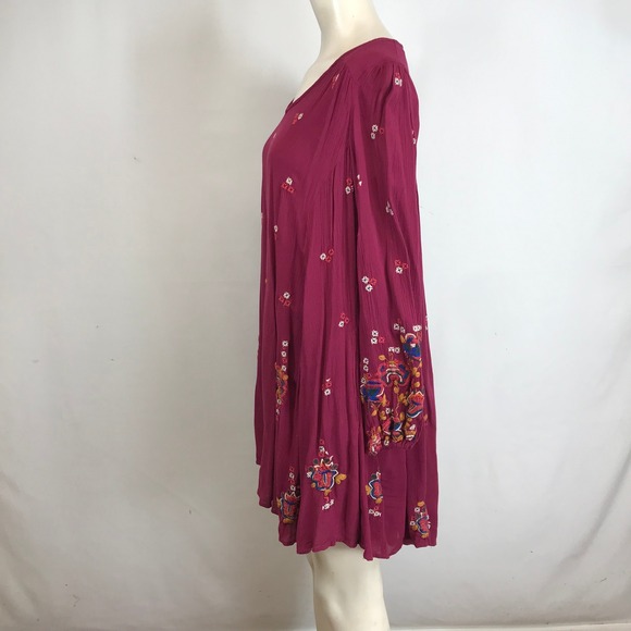 Free People Embroidered V Neck Long Sleeve Mini Dress Berry Size L - Picture 6 of 8